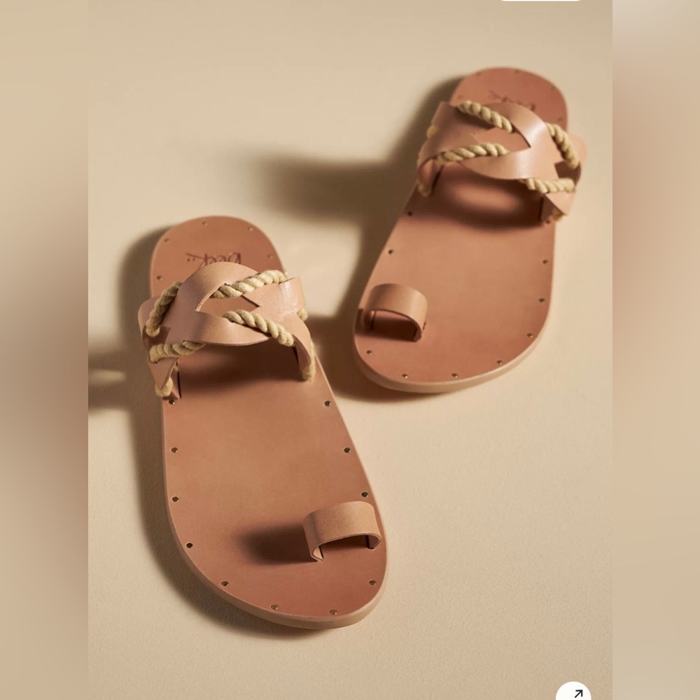 BEEK TREEPIE Braided Rope and Leather Strap Toe Ring Slide Sandals Tan Women's 7